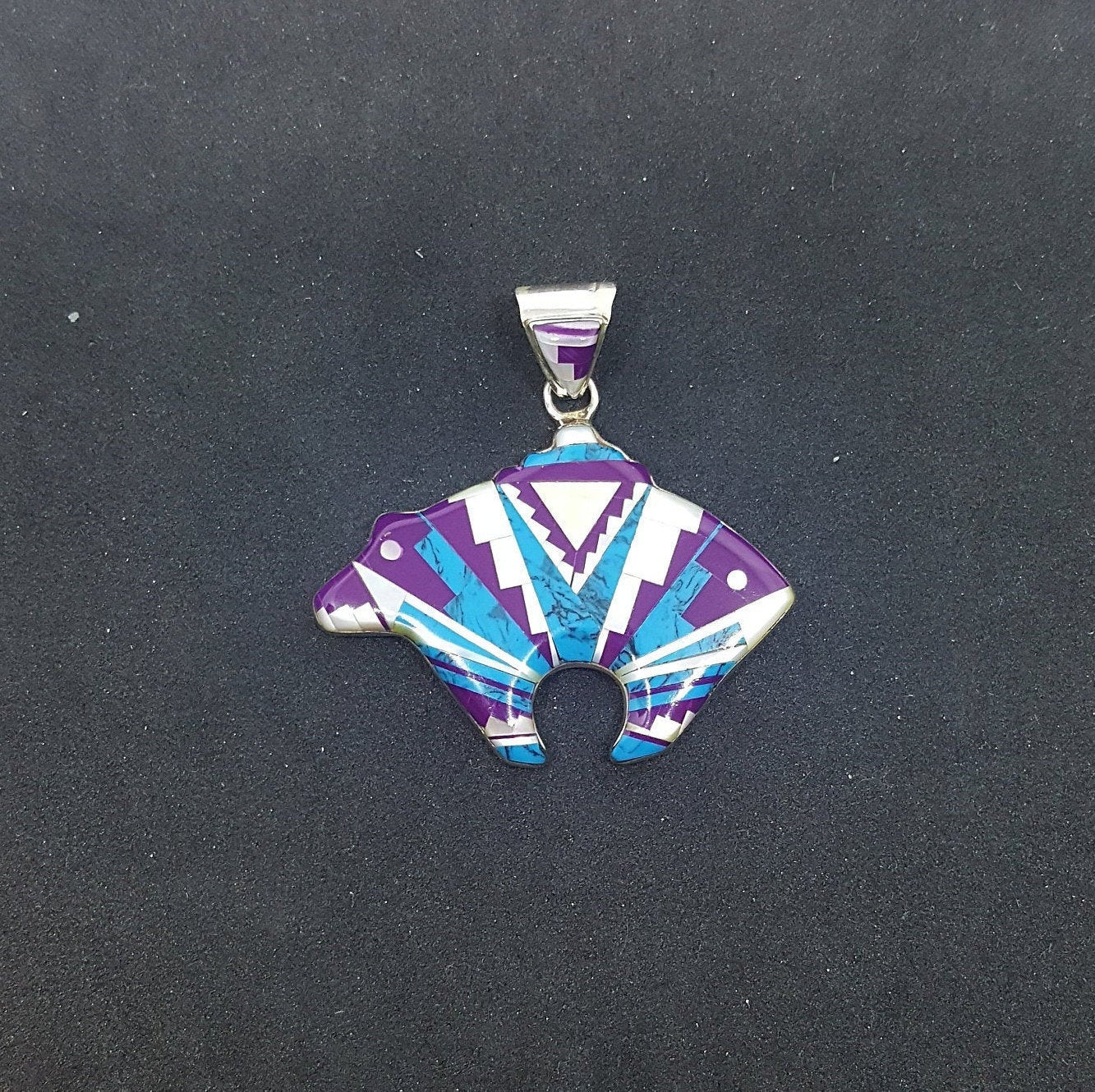 Southwest Inlay Multi-stones Bear sterling silver pendant necklace