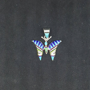 The Native Butterfly inlay Multi-stones sterling silver pendant necklace