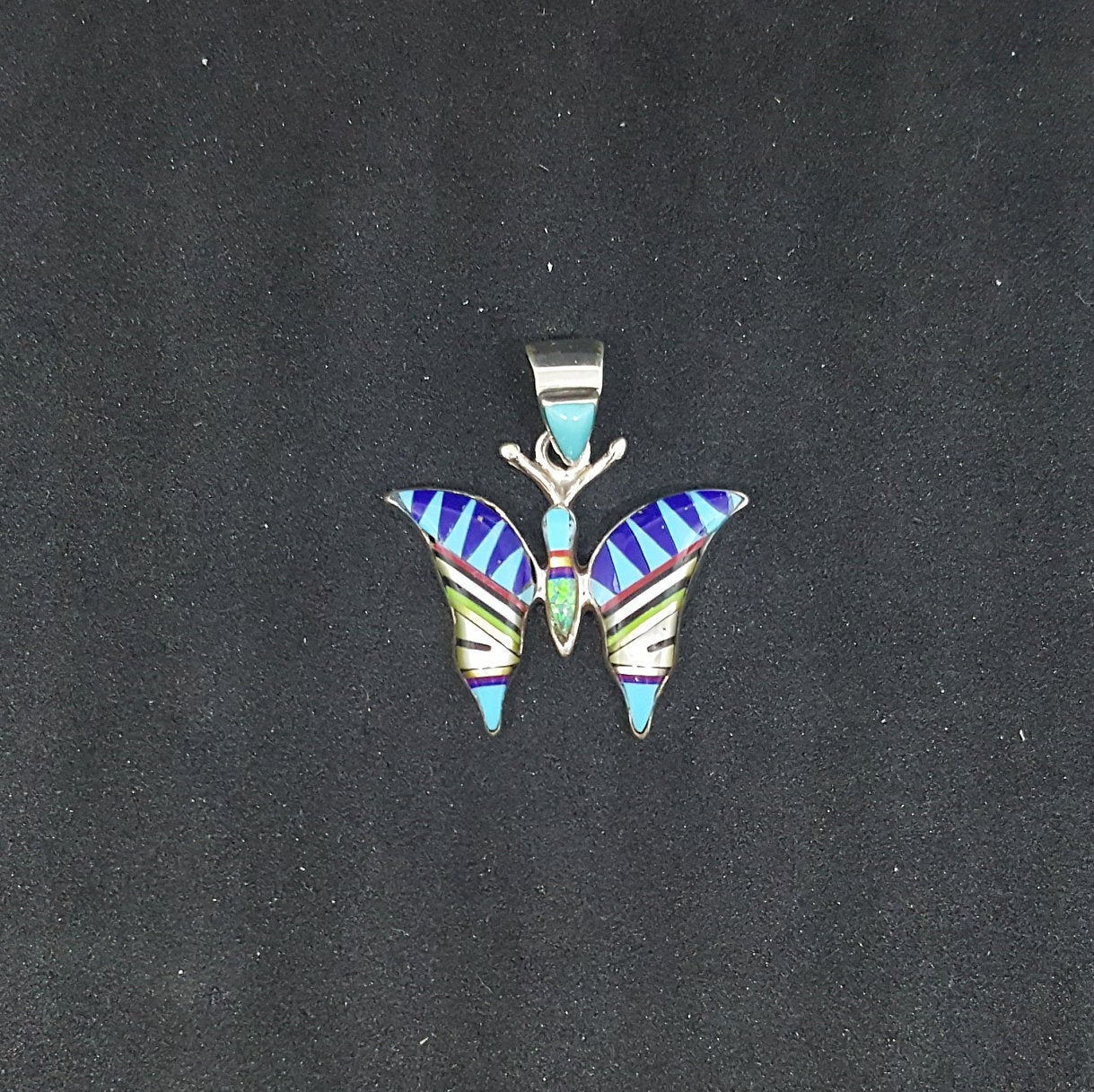 The Native Butterfly inlay Multi-stones sterling silver pendant necklace