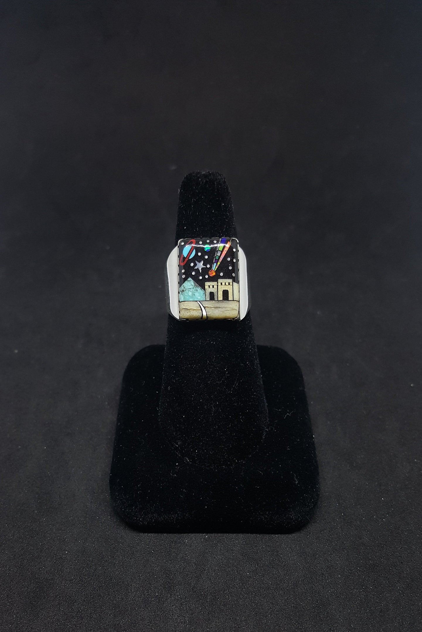 Size 9 1/2 - Native city with Galaxy inlay multi-stones rectangle shape sterling silver ring