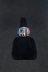 Size 11 1/4 - The Galaxy Zuni Sunfaces with Native hat dress inlay Multi-stones sterling silver ring