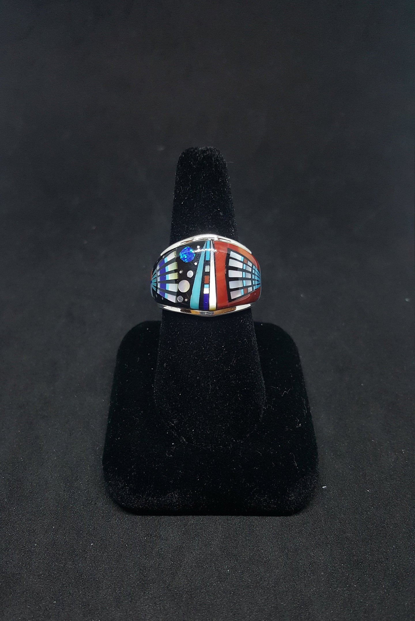 Size 11 1/4 - The Galaxy Zuni Sunfaces with Native hat dress inlay Multi-stones sterling silver ring