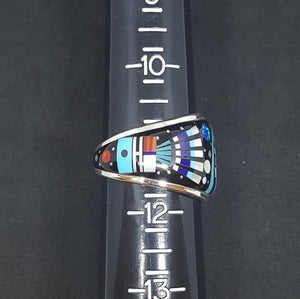 Size 11 1/4 - The Galaxy Zuni Sunfaces with Native hat dress inlay Multi-stones sterling silver ring