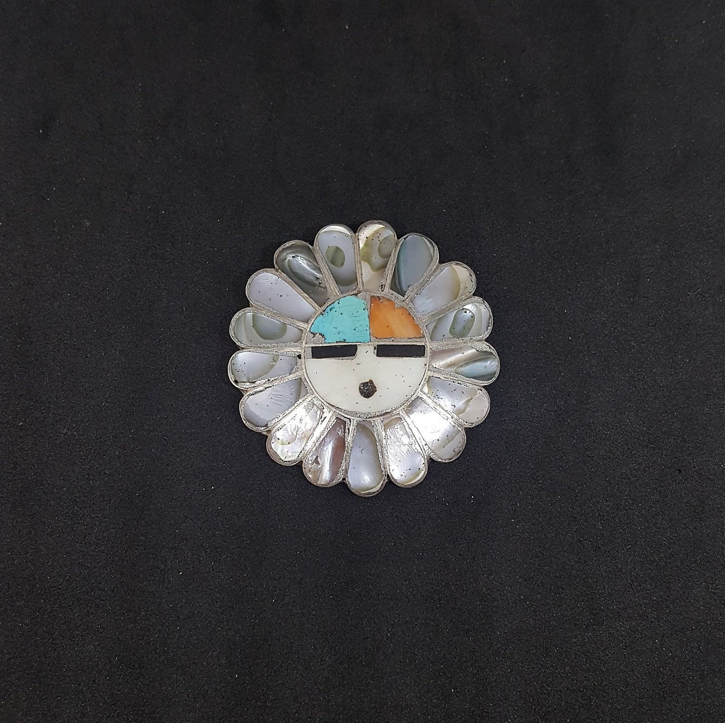 Navajo Zuni Sunface Inlay Mother of Pearl Turquoise Spiny Oyster Black Onyx White Buffalo Turquoise sterling silver pin - Vintage