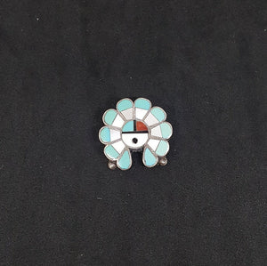 Navajo Zuni Sunface Inlay Mother of Pearl Turquoise Spiny Oyster Black Onyx sterling silver pin - Vintage