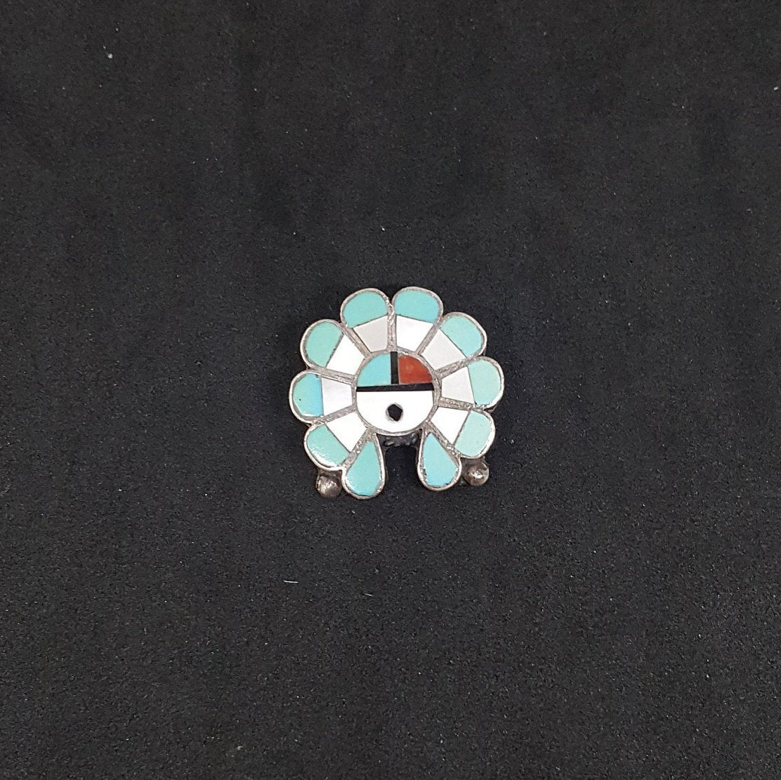 Navajo Zuni Sunface Inlay Mother of Pearl Turquoise Spiny Oyster Black Onyx sterling silver pin - Vintage