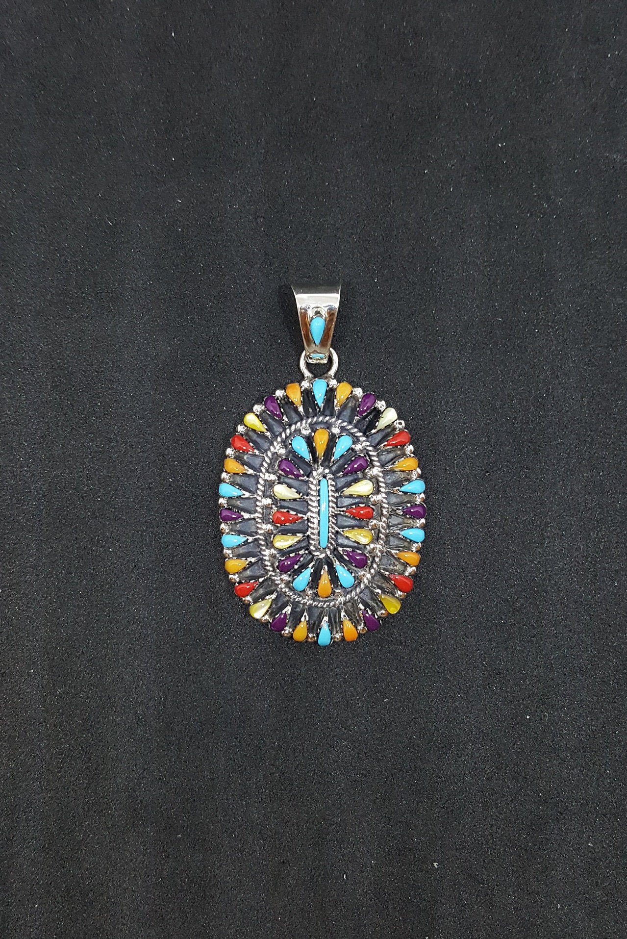 Vintage Navajo Colorful Cluster Multi-stones sterling silver pendant necklace
