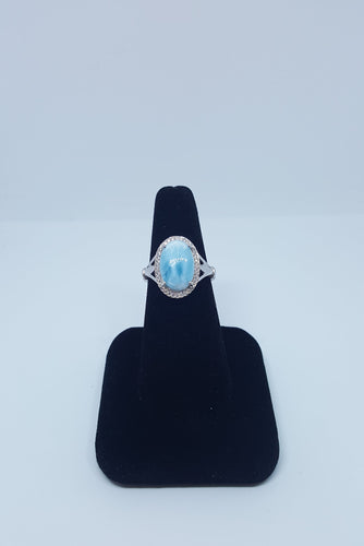 Blue Larimar with CZ Oval shape royal style sterling silver ring size 9