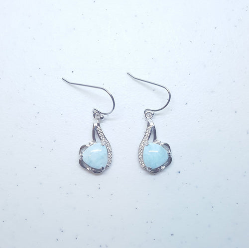 Blue Larimar with CZ flower shape sterling silver dangle earrings