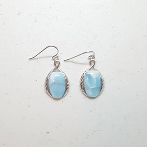 Blue Larimar ancient pattern oval shape sterling silver dangle earrings