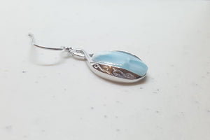 Blue Larimar ancient pattern oval shape sterling silver dangle earrings