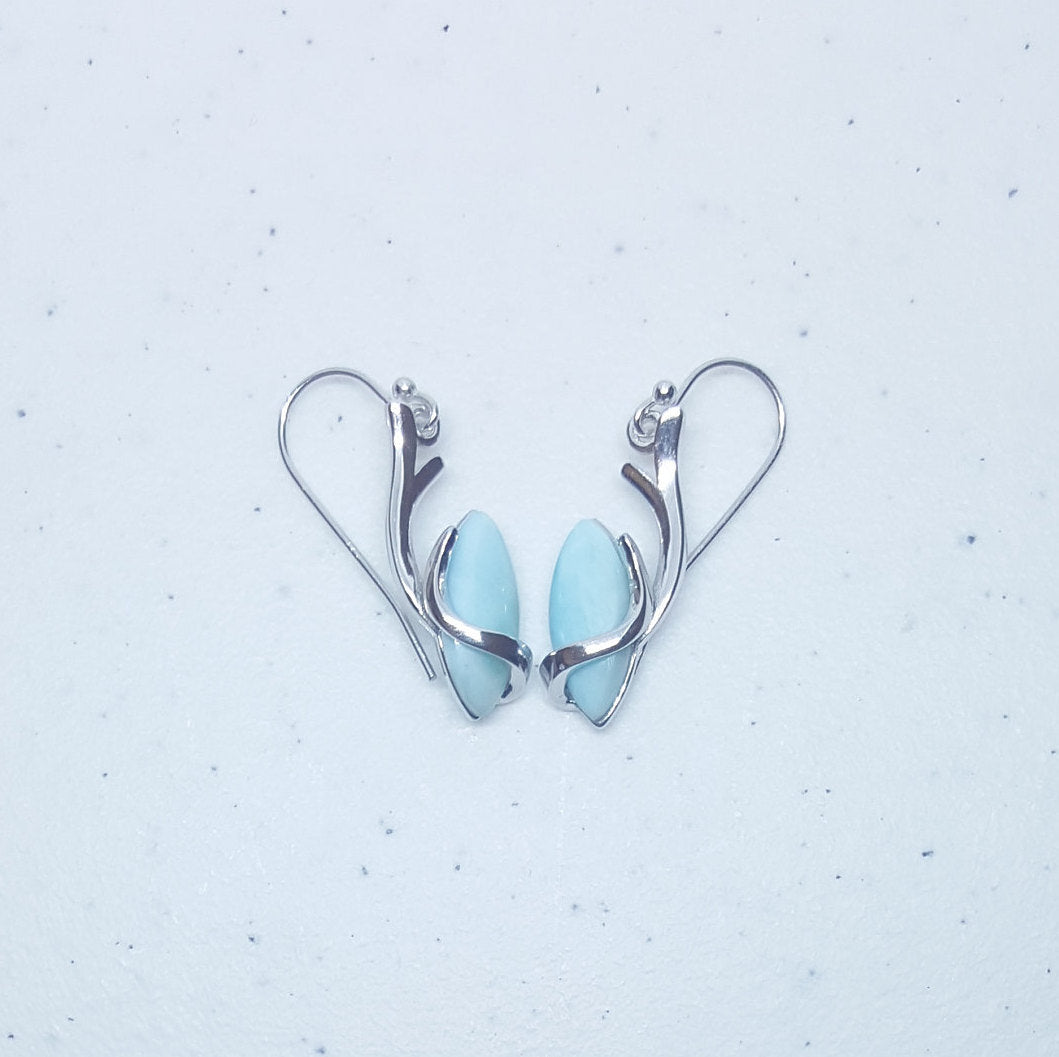 Blue Larimar ellipse shape Deer Antler sterling silver dangle earrings