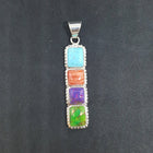 The 4 Stones Turquoise Spiny Oyster Purple Turquoise Green Turquoise sterling silver long thin pendant necklace