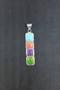 The 4 Stones Turquoise Spiny Oyster Purple Turquoise Green Turquoise sterling silver long thin pendant necklace