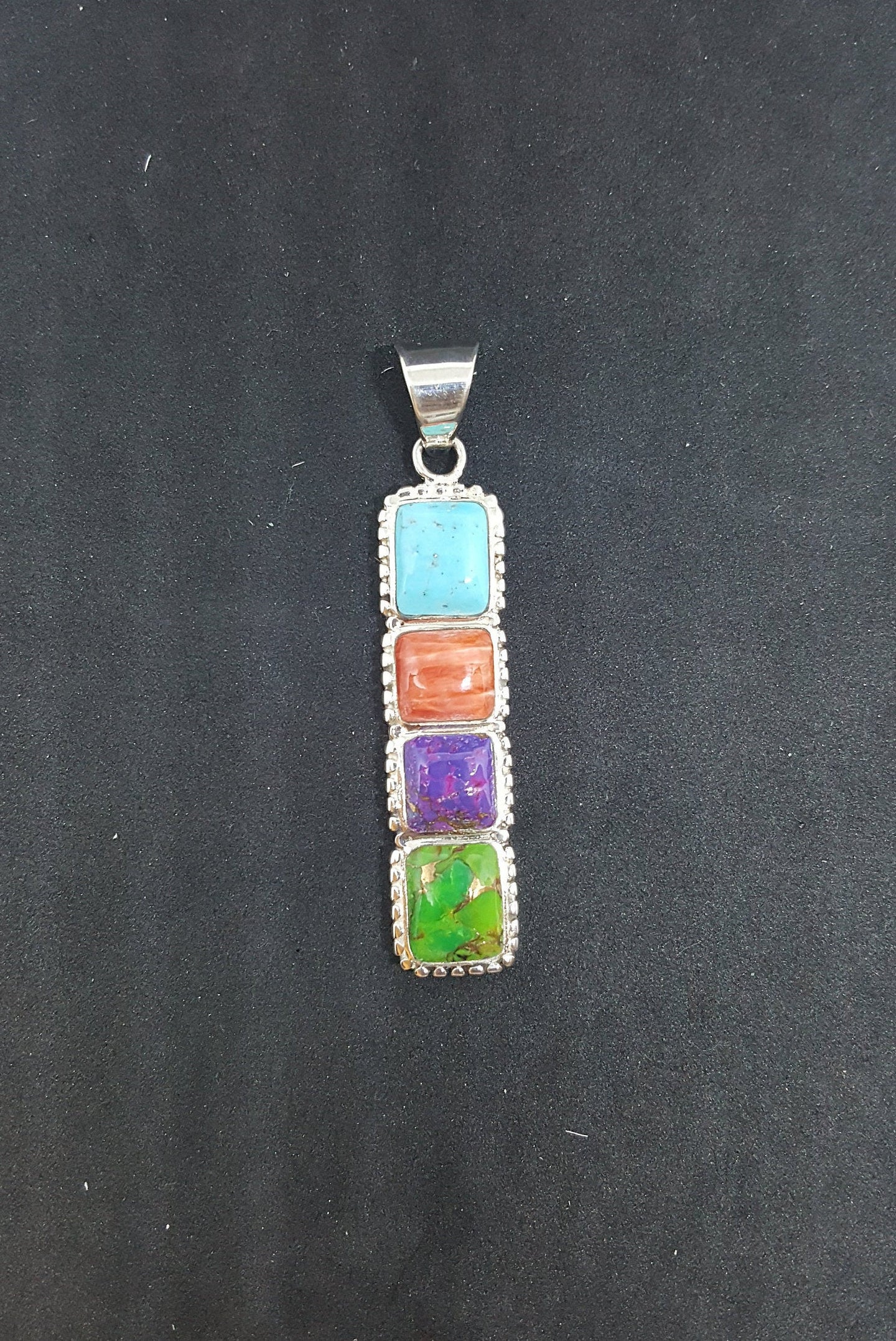 The 4 Stones Turquoise Spiny Oyster Purple Turquoise Green Turquoise sterling silver long thin pendant necklace