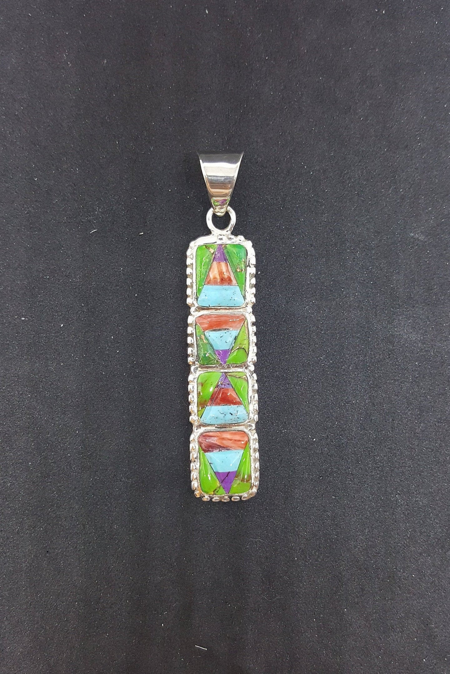 The 4 Stones Native Teepee inlay Turquoise Spiny Oyster Purple Turquoise Green Turquoise sterling silver long thin pendant necklace