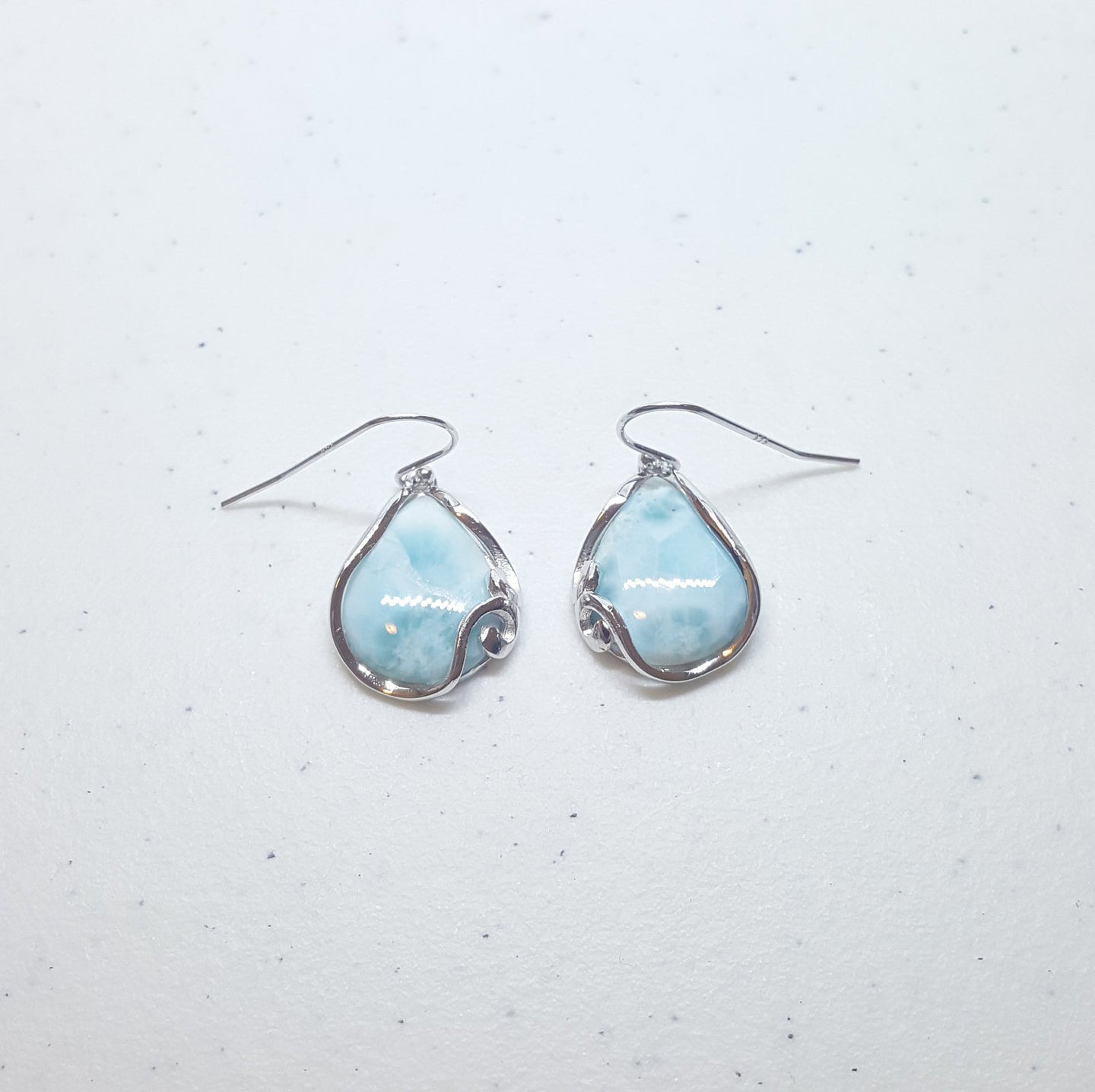 Blue Larimar Wavy pattern teardrop shape sterling silver dangle earrings