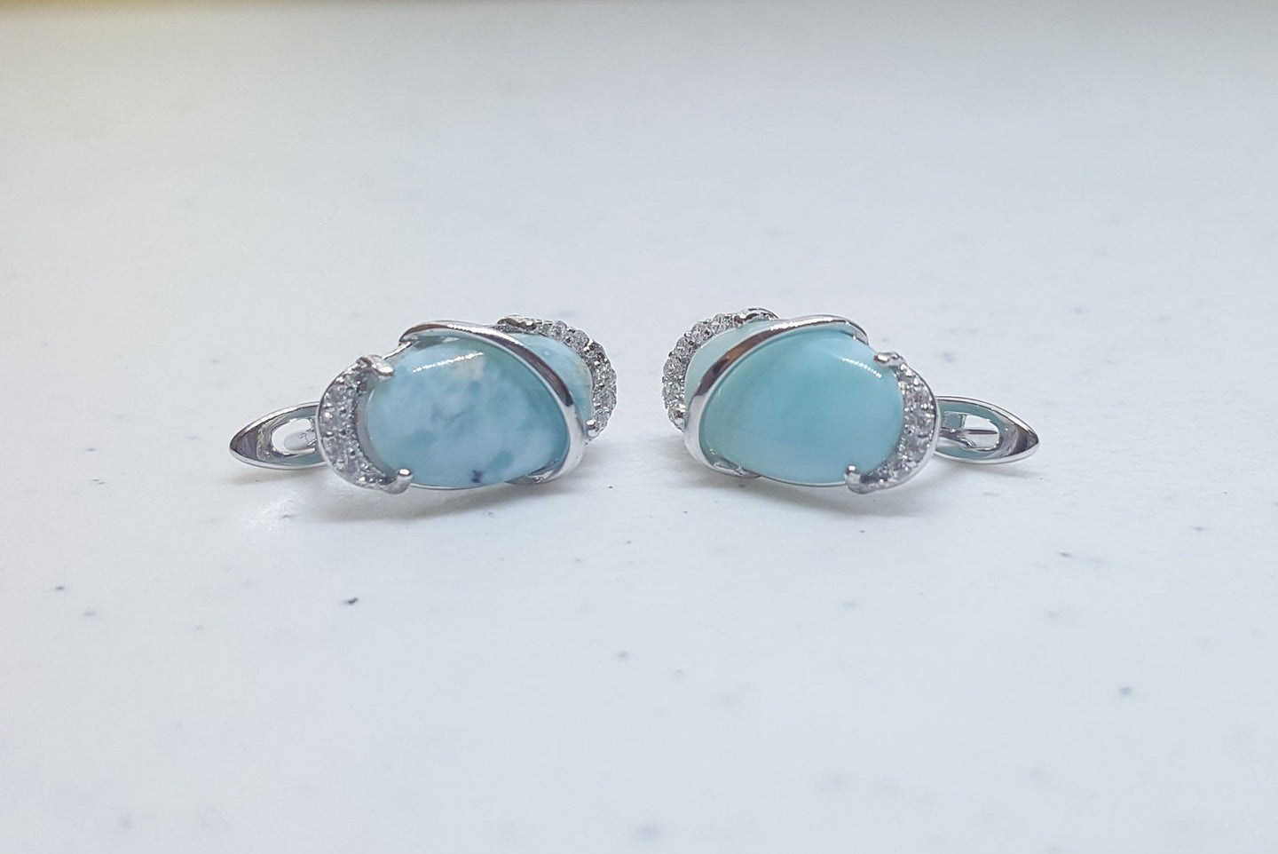 Oval Blue Larimar with CZ sterling silver hoop earrings