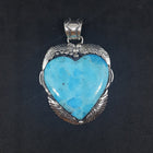 Large Turquoise heart shape feathers ancient pattern sterling silver pendant necklace - Vintage