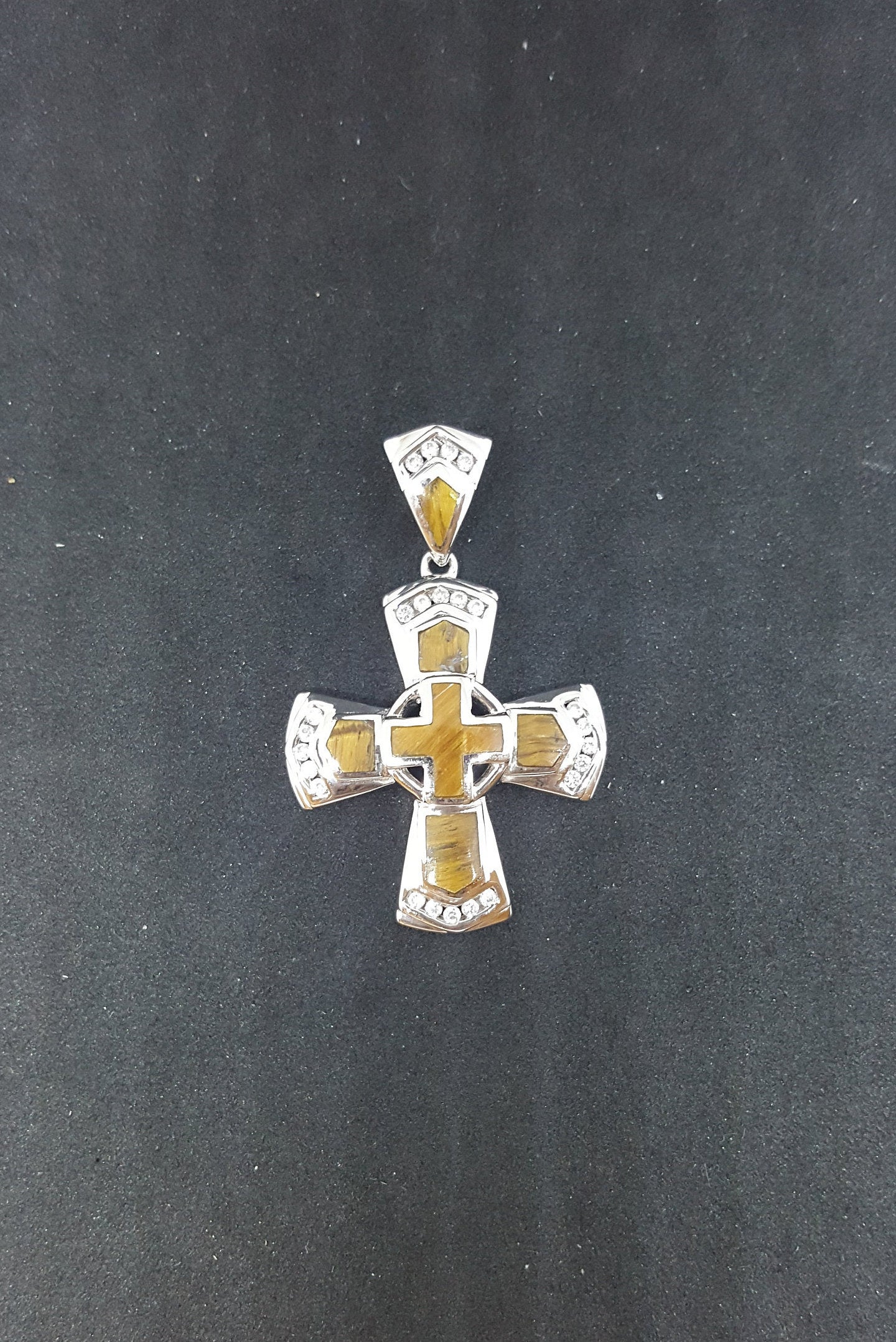 The Wonder Cross Tiger Eye Stone CZ sterling silver pendant necklace