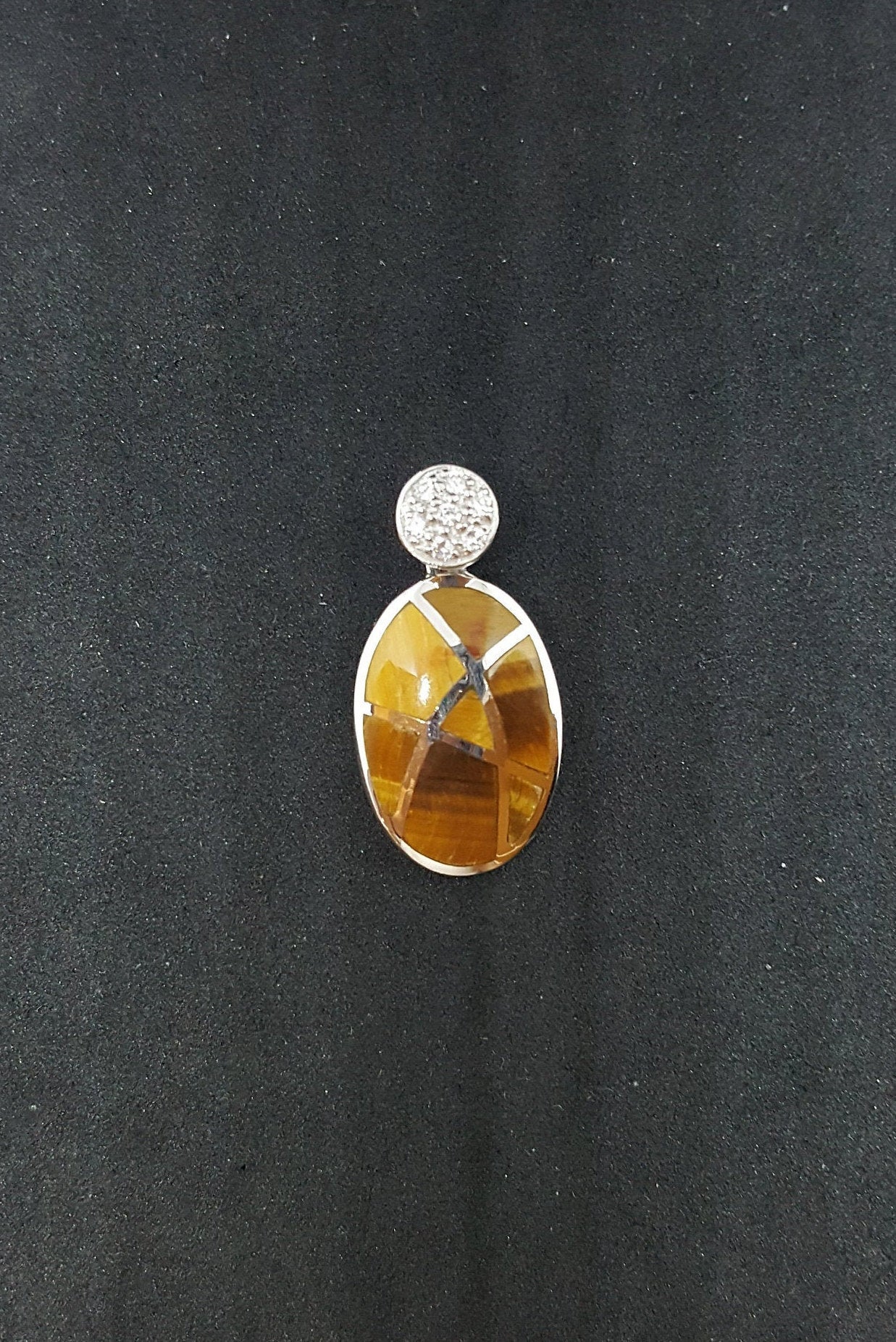 Tiger Eye Stone CZ Oval shape sterling silver pendant necklace
