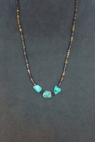 16 inches 3 Turquoise stones heishi shell sterling silver beaded necklace