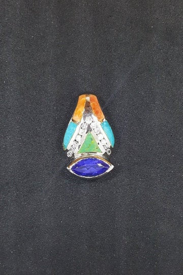 Inlay Multi-stones V-neck sterling silver pendant necklace