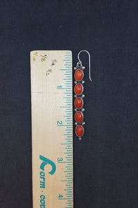 Vintage 5 Coral stones oval long thin sterling silver dangle earrings