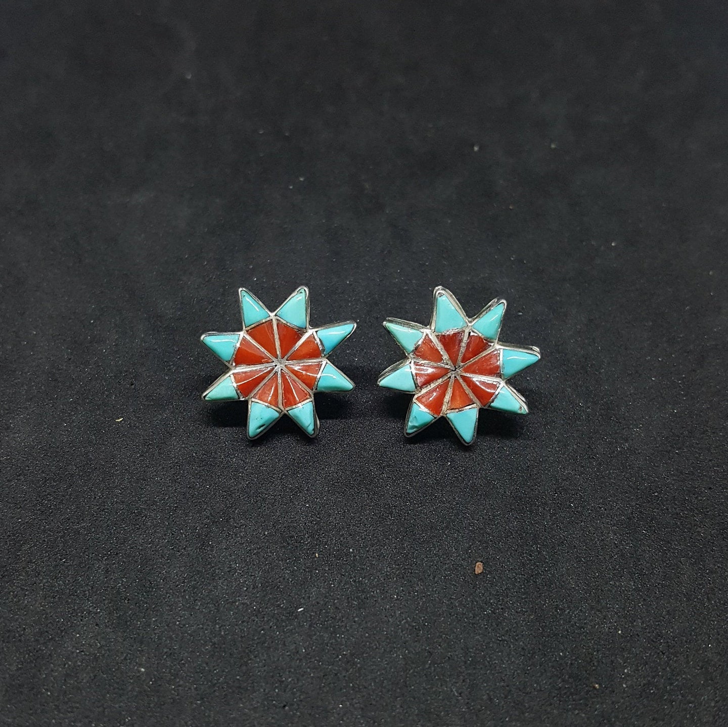 Vintage Southwest Little Star inlay Turquoise Coral sterling silver post earrings