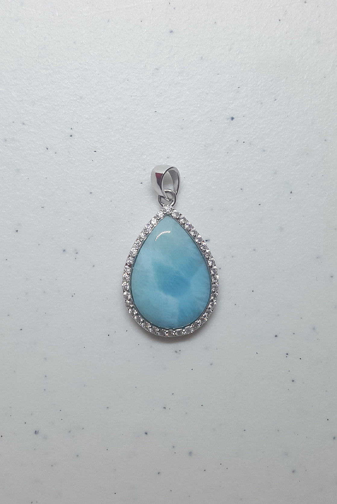 Shiny Teardrop Blue Larimar with CZ sterling silver pendant necklace