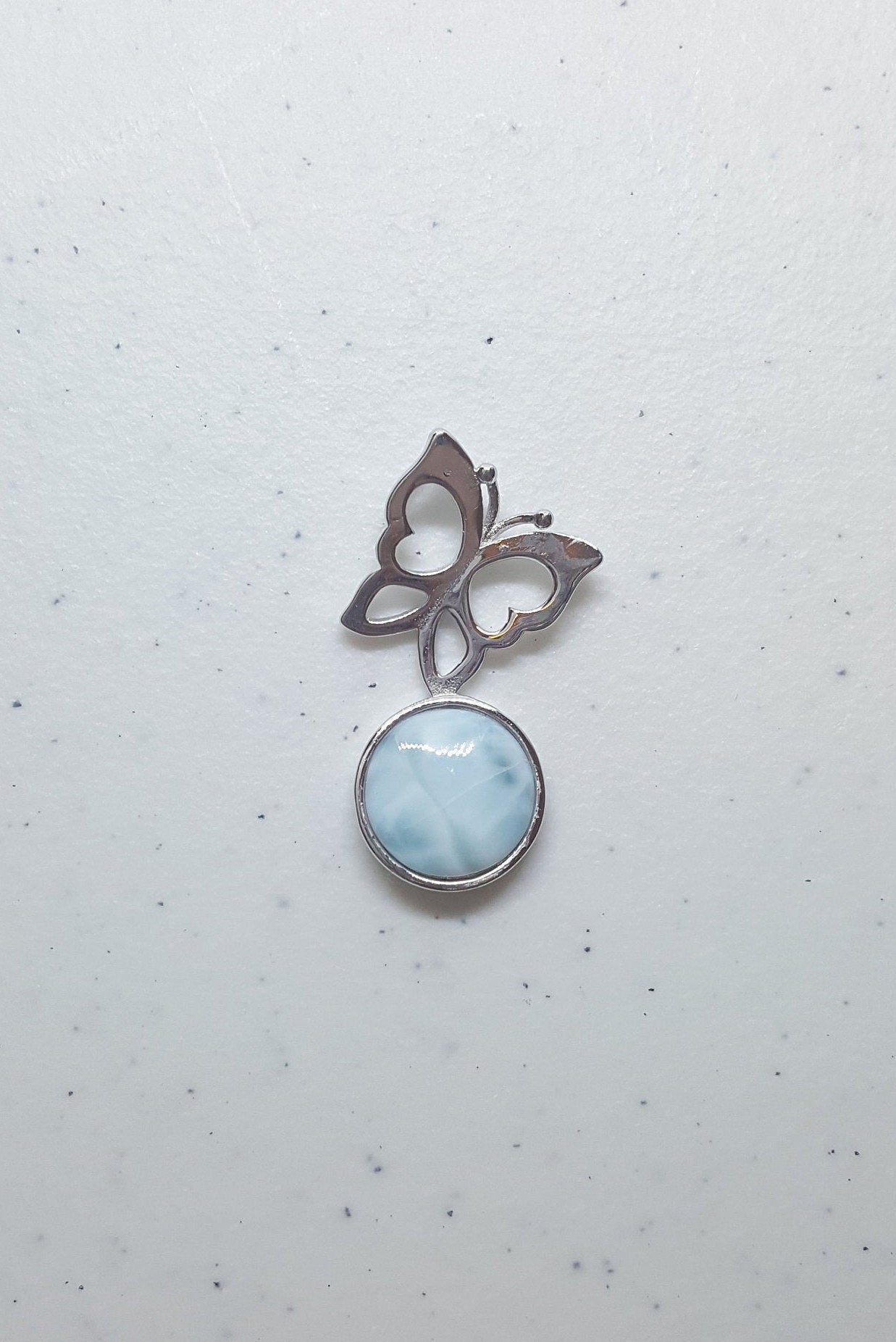 Butterfly on the Moon Blue Larimar round shape sterling silver pendant necklace