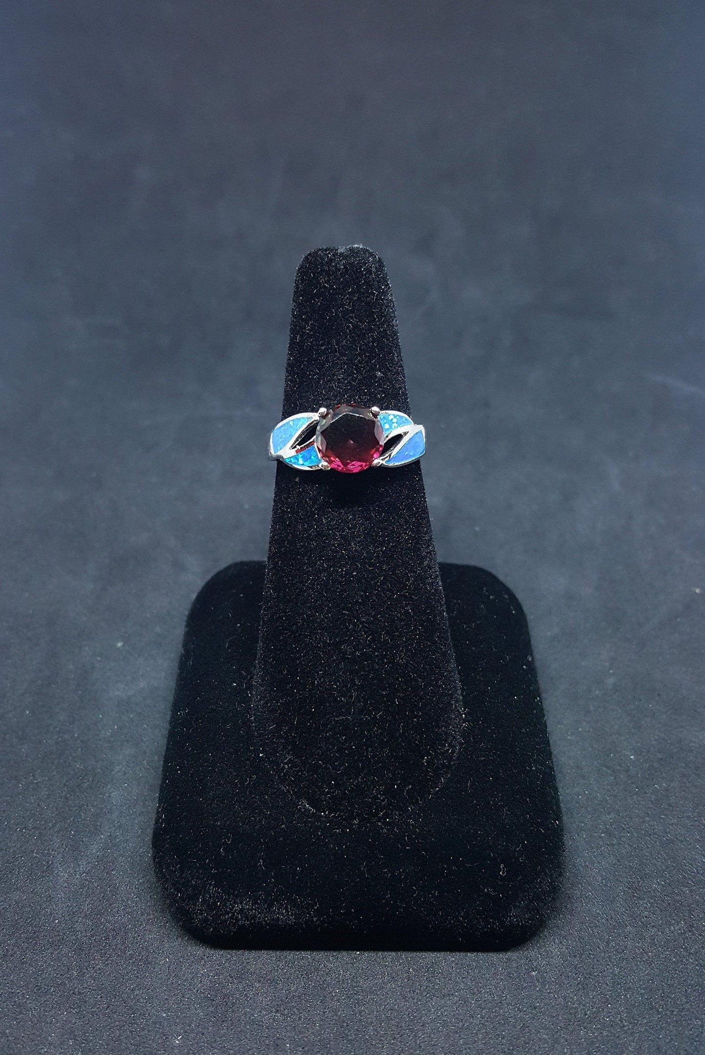 Size 8 - Blue Fire Opal micro CZ Garnet Round shape sterling silver ring