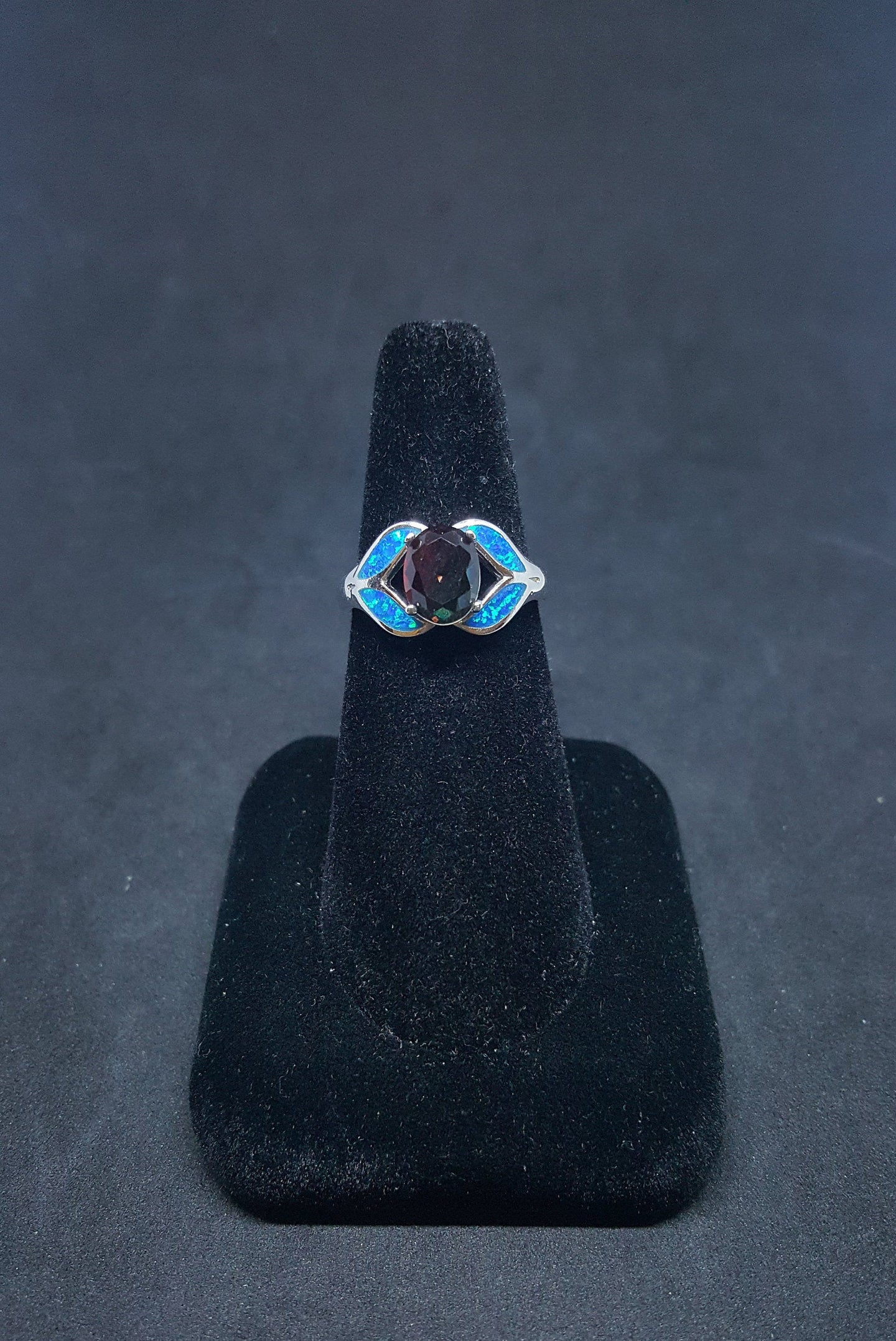 Size 9 - Blue Fire Opal micro CZ Tourmaline Leaf style Oval shape sterling silver ring