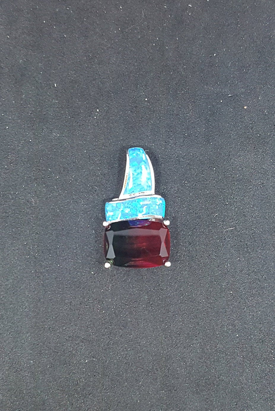 Hat Blue Fire Opal Tourmaline rectangle shape sterling silver pendant necklace