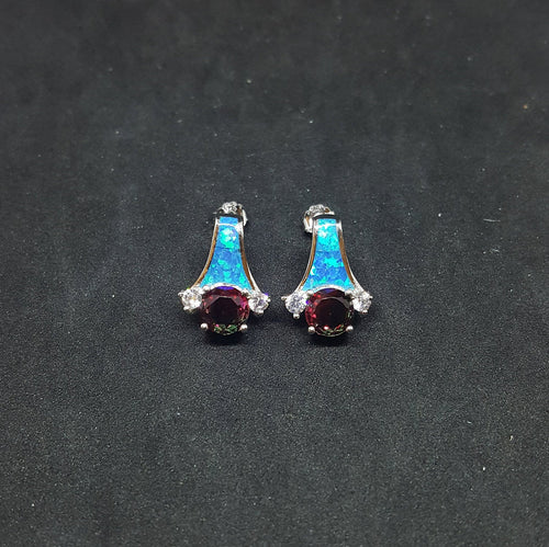 Blue Fire Opal CZ Tourmaline round shape sterling silver post earrings