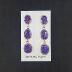 3 Stones Purple Fire Opal long thin chain style post earrings