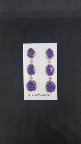 3 Stones Purple Fire Opal long thin chain style post earrings