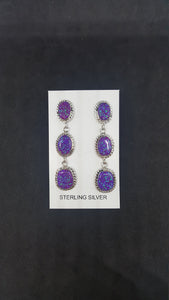 3 Stones Purple Fire Opal long thin chain style post earrings