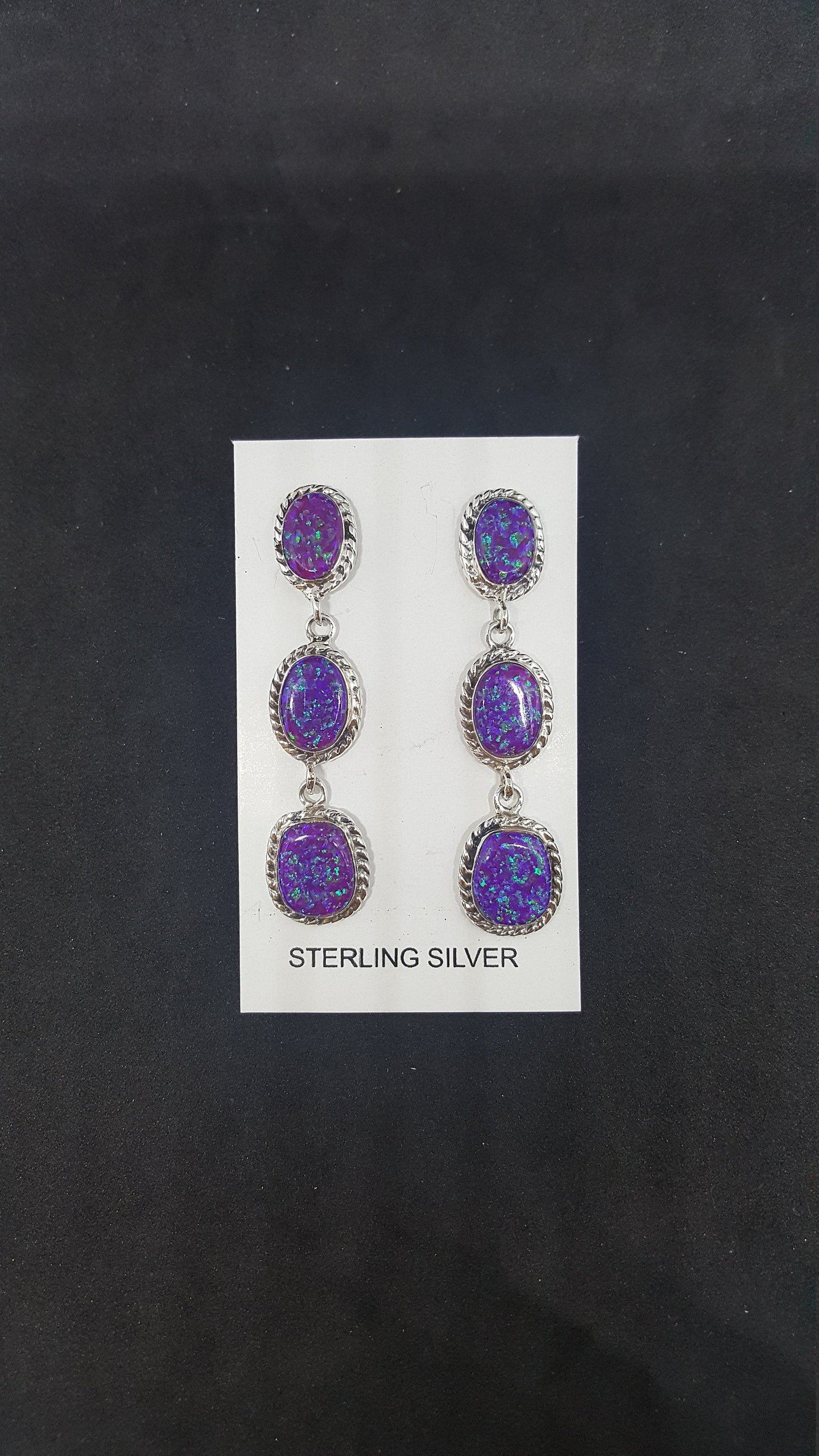 3 Stones Purple Fire Opal long thin chain style post earrings