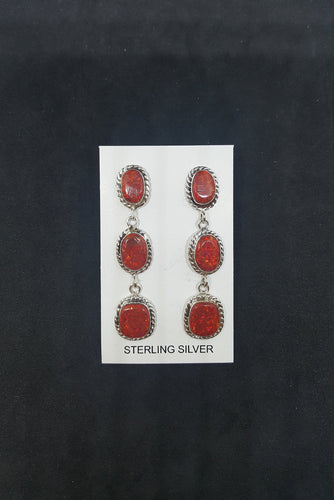 3 Stones Red Fire Opal long thin chain style post earrings