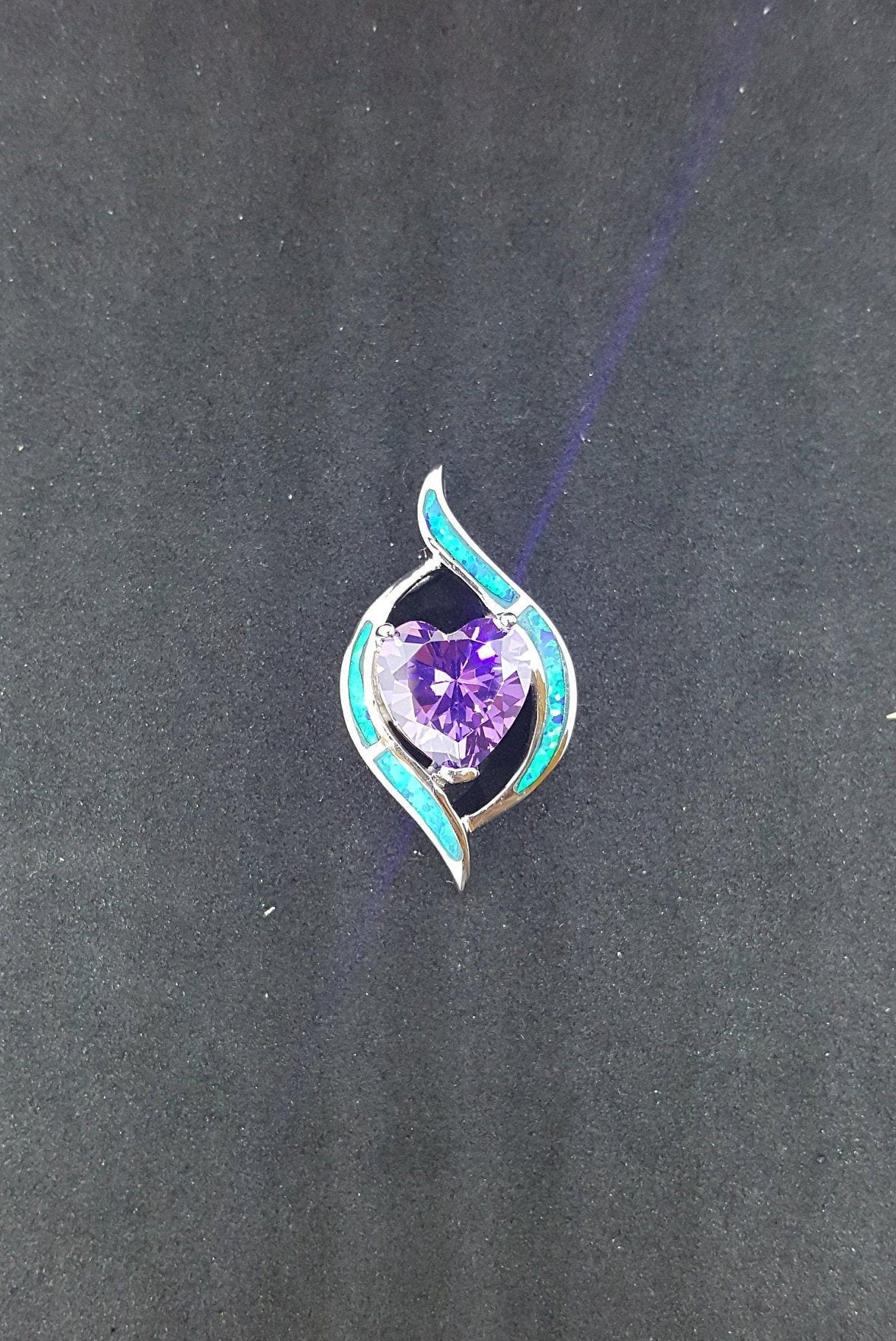 Little Heart Blue Fire Opal Amethyst ellipse shape overall sterling silver pendant necklace