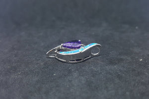 Little Heart Blue Fire Opal Amethyst ellipse shape overall sterling silver pendant necklace