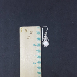 Teardrop Curvy patterns 6 mm round White Fire Opal sterling silver dangle earrings