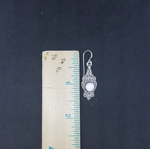 Wavy patterns 6 mm round White Fire Opal sterling silver dangle earrings