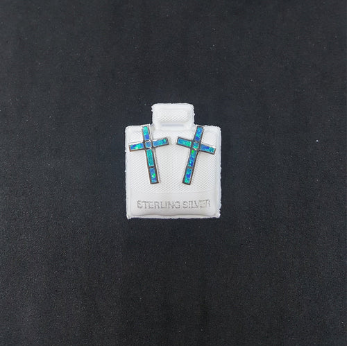 Cross Blue Fire Opal sterling silver post earrings