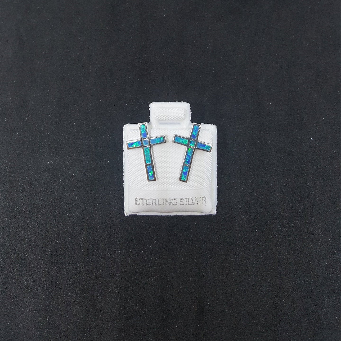 Cross Blue Fire Opal sterling silver post earrings