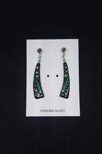 Southwest Galaxy scene with stars and cosmic inlay multi-gemstones long thin sterling silver post earrings