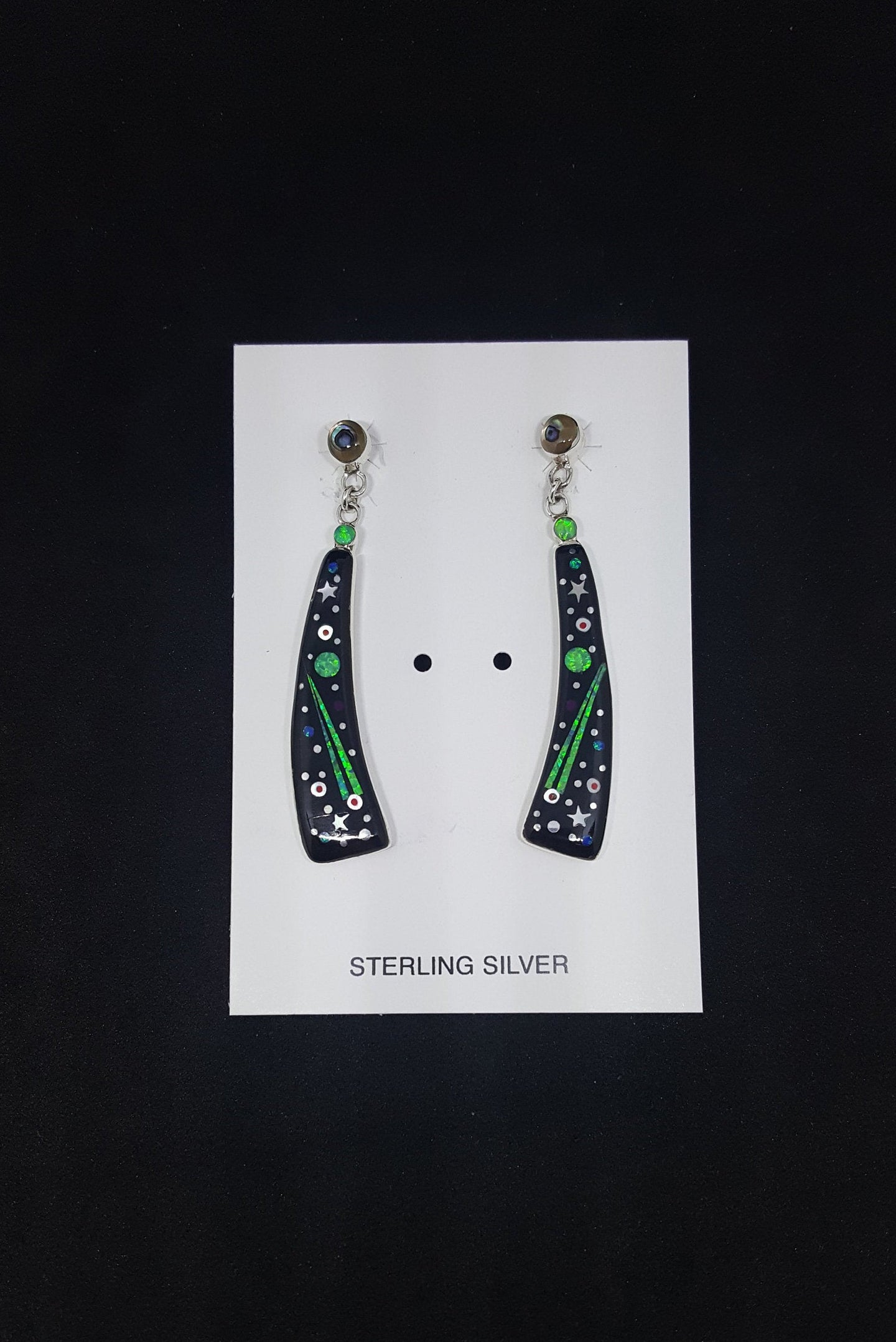 Southwest Galaxy scene with stars and cosmic inlay multi-gemstones long thin sterling silver post earrings