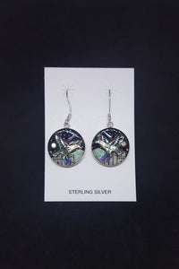 Southwest City with Galaxy scene, cosmic, stars, the Sun, and Native eagle inlay multi-stones round shape sterling silver dangle earrings