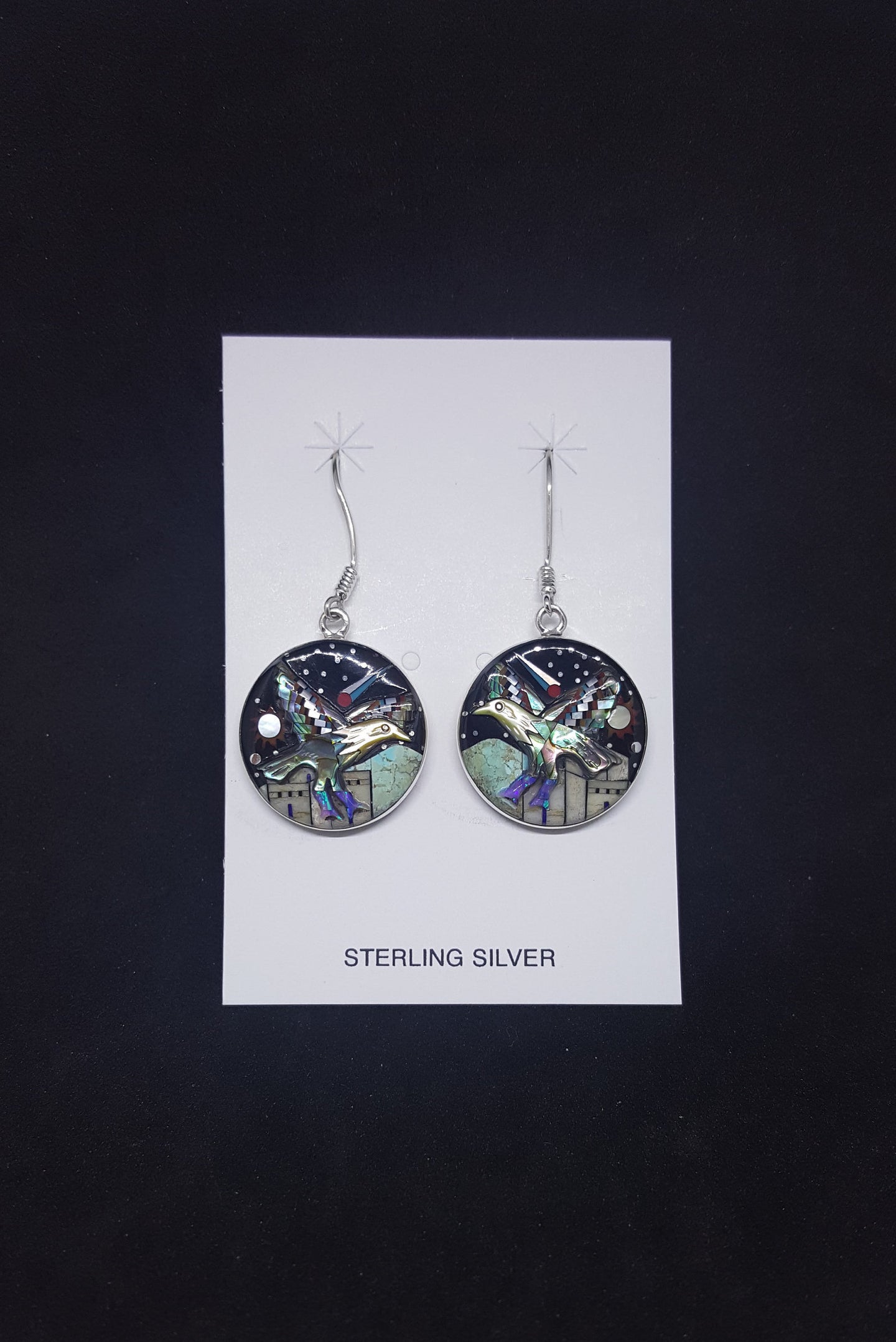 Southwest City with Galaxy scene, cosmic, stars, the Sun, and Native eagle inlay multi-stones round shape sterling silver dangle earrings